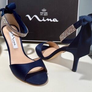 Nina Blue High-Heeled Sandals with Bow Detail
